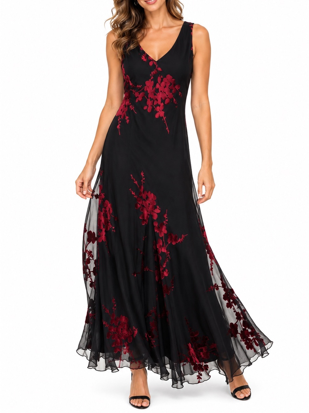 Jonathan Martin 70% Silk Outer Dress Size 8 Black Burgundy Floral Flocked Velvet